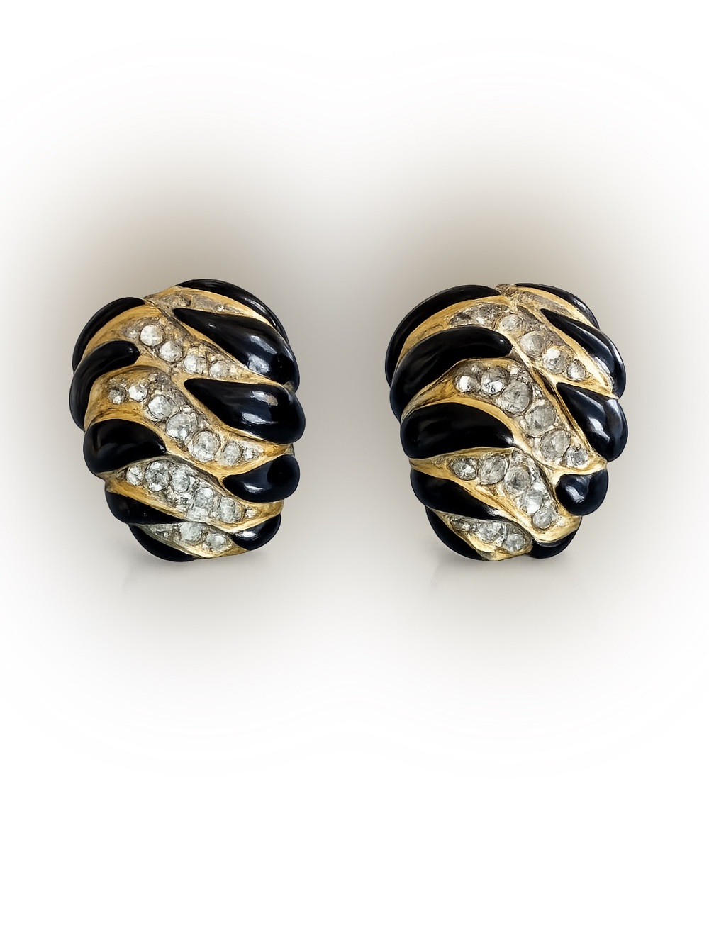 VINTAGE Gold-Tone and Black  Clip-On Earrings with clear stones